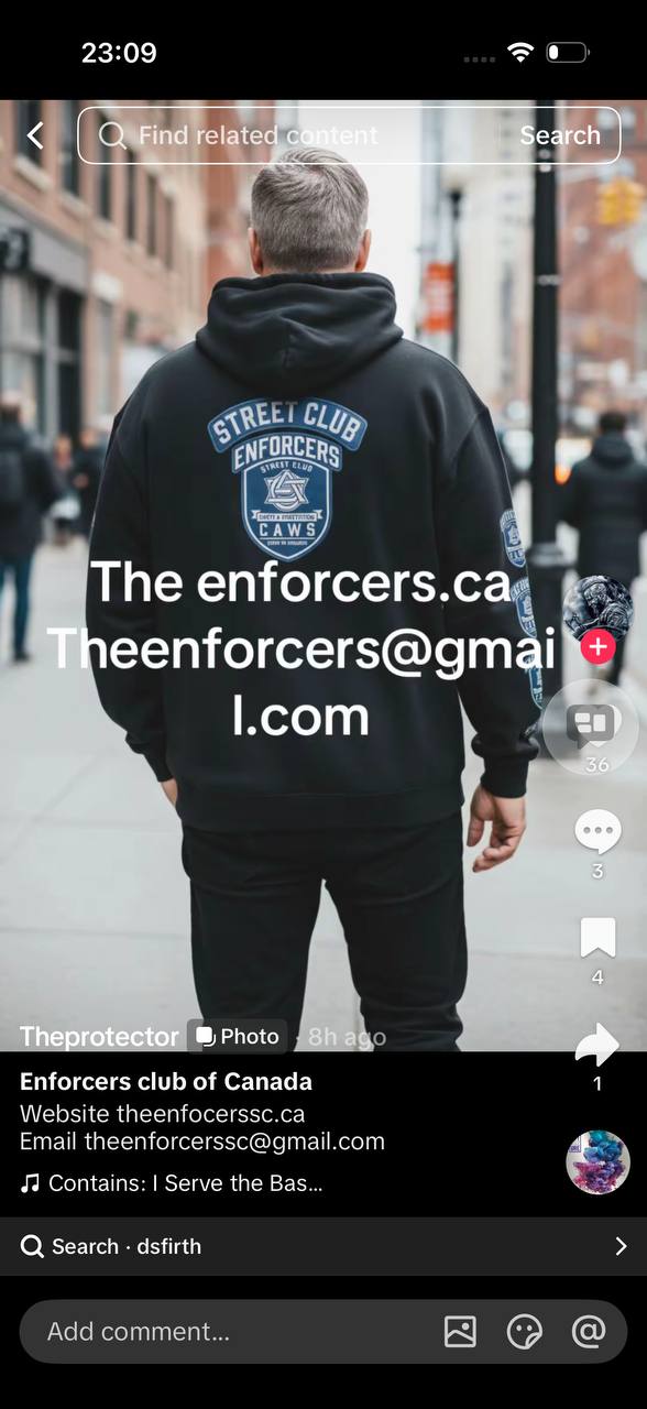 User supplied screenshot showing Enforcers street club hoodie and contact text