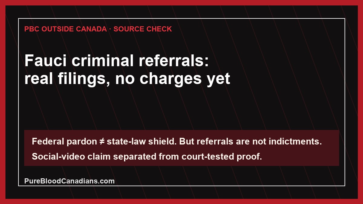 PBC source-check graphic saying Fauci criminal referrals: real filings, no charges yet