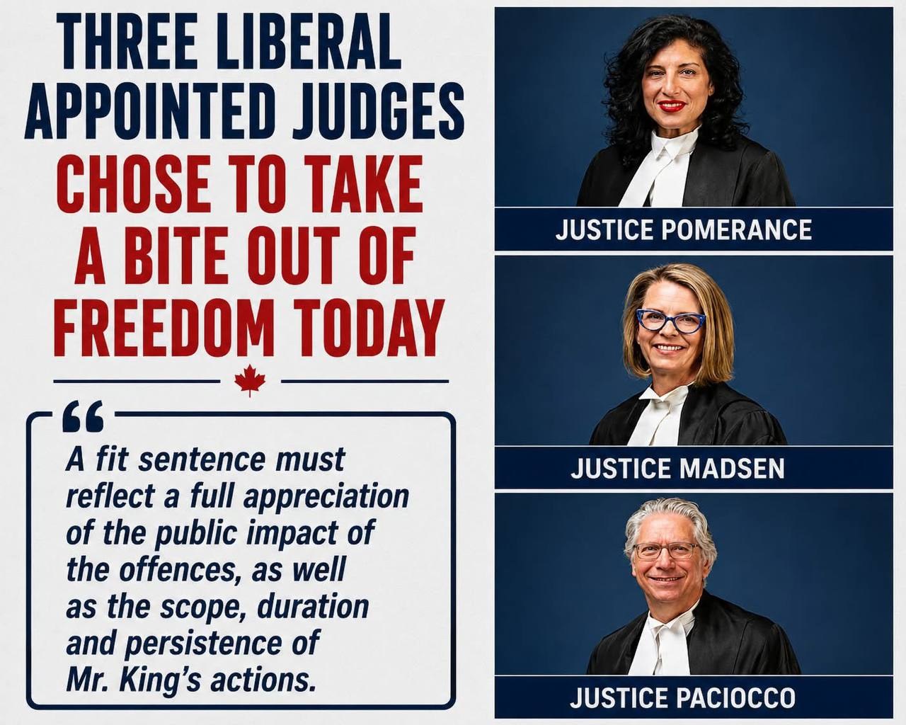 Advocacy graphic naming Justice Pomerance, Justice Madsen and Justice Paciocco in the Pat King appeal