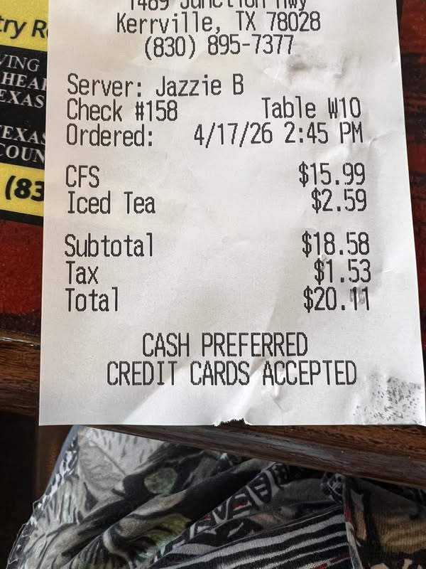 Receipt reading Cash Preferred Credit Cards Accepted