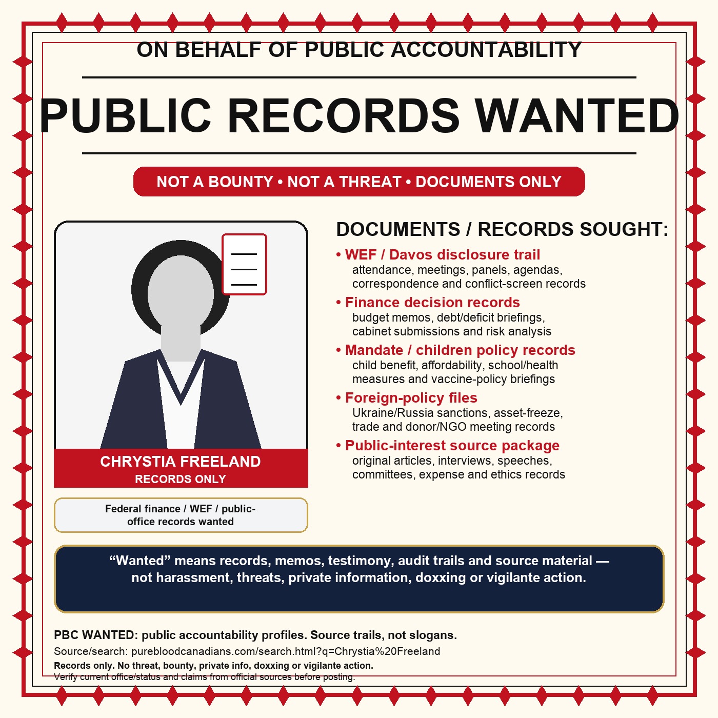 Chrystia Freeland — Public Records Wanted poster